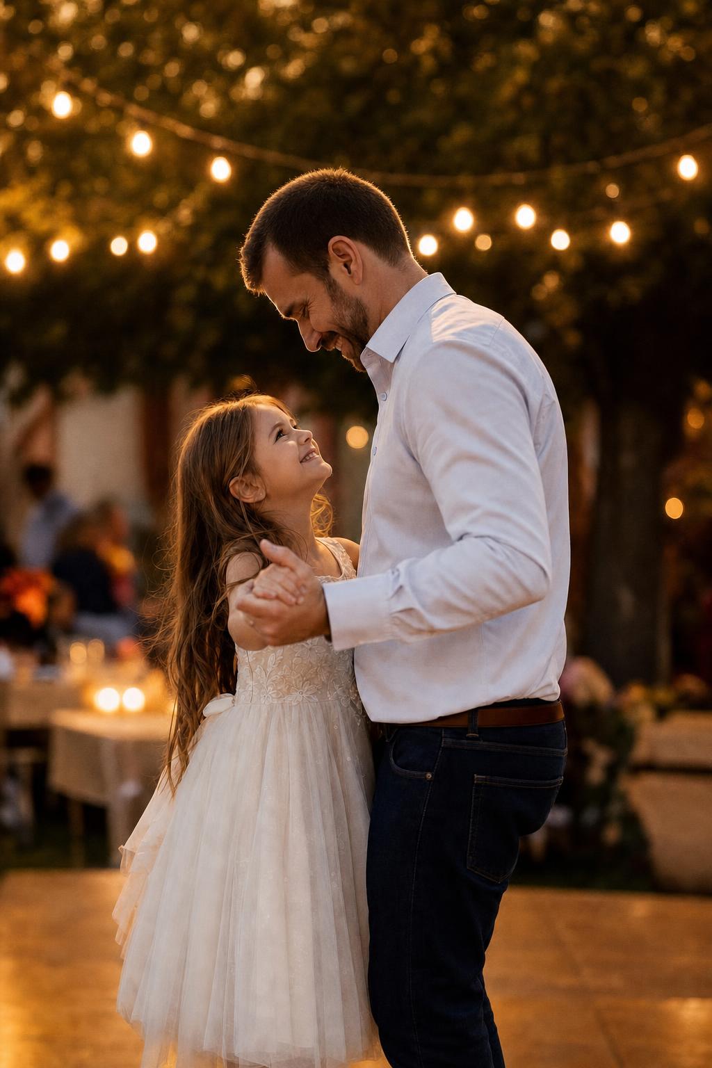 A father and his young daughter dancing together at a daddy-daughter dance